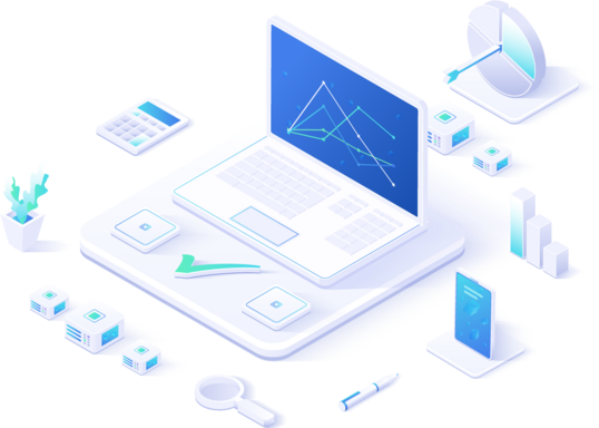 Notebook mit Diagrammen, Taschenrechner, IT-Bausteine