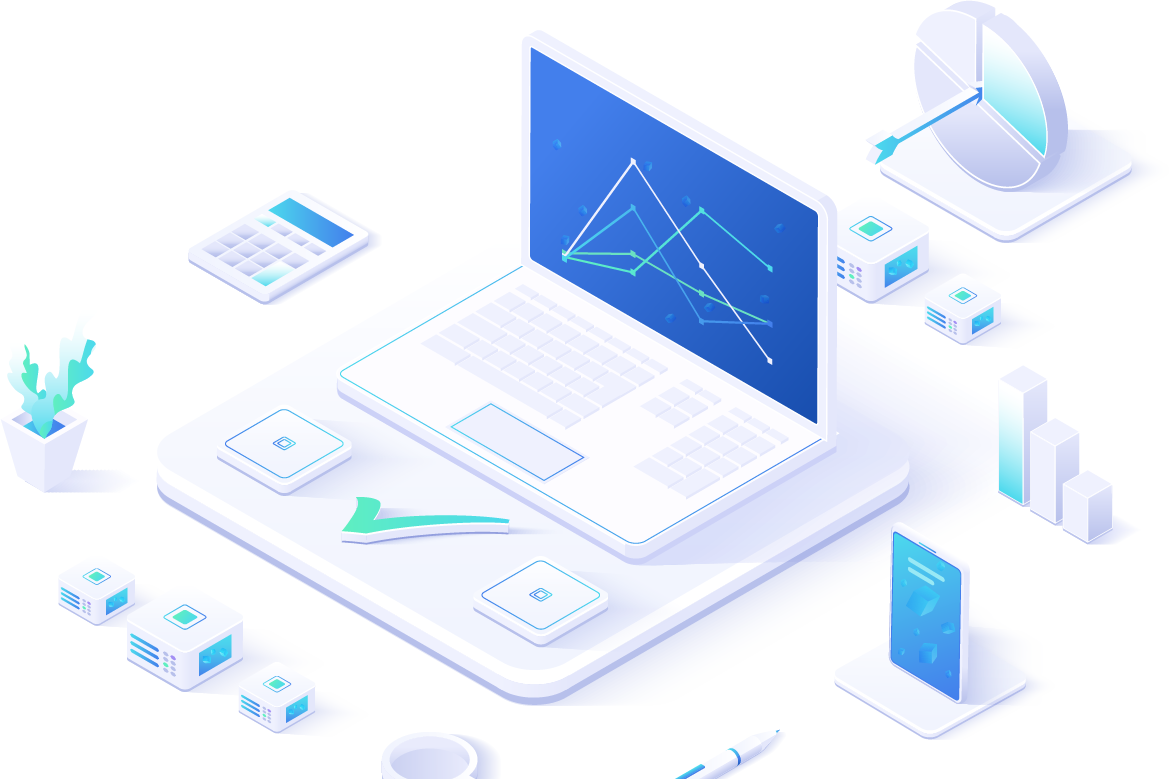 IT-Arbeitsplatz Notebook mit Diagrammen, Taschenrechner, IT-Bausteine