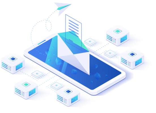 eww ITandTEL - Email Postfach am Smartphone Illustration Smartphone mit E-Mail, Servern, Papierflieger